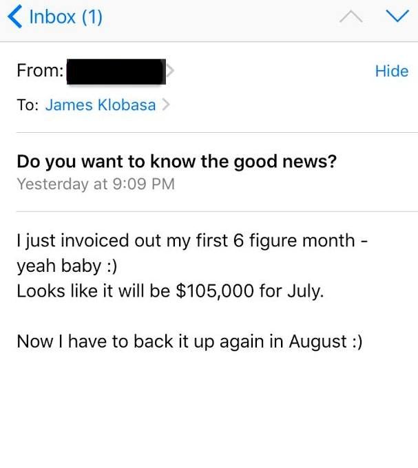 Email announcing a first six-figure month of $105,000