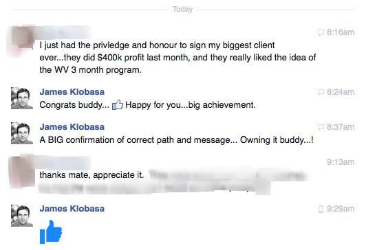 Facebook message about signing a client doing $400K profit a month