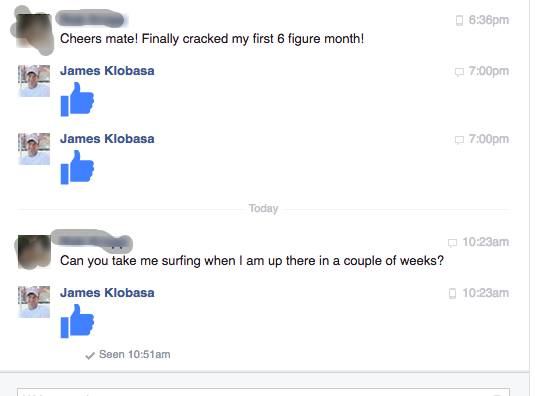 Message announcing a first six-figure month, followed by an invitation to go surfing