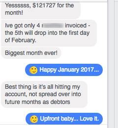 Messenger conversation celebrating $121,727 for the month, all paid upfront