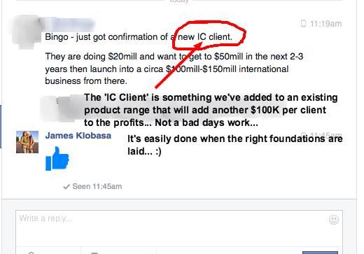 Message confirming a new client doing $20 million heading for $50 million