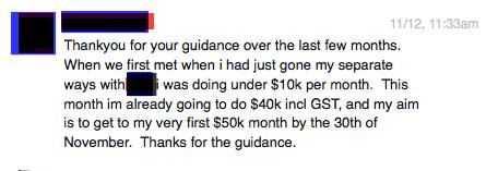 Thank you message describing going from under $10K to $40K months