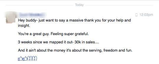 Thank you message: 3 weeks since mapping it out, $30K in sales