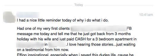 Post describing a client's client paying cash for a 3 bedroom apartment