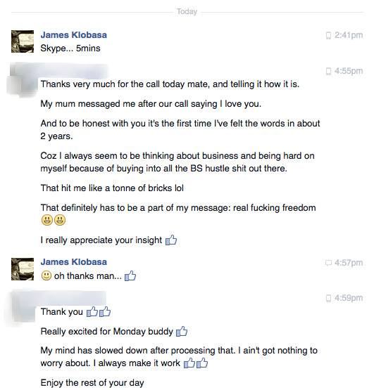 Message describing a client's mum saying I love you for the first time in two years after a call